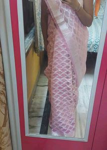 Elegant Pink Saree with Silver Border