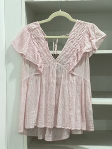 Pink Striped Flutter Sleeve Top