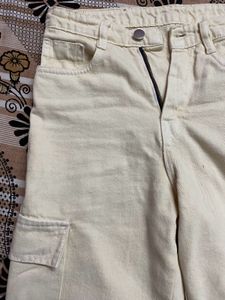 Cream Cargo Wide Leg Jeans