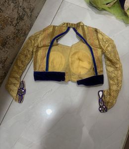 Vibrant Golden Blouse &amp; Green Orange Ethnic Set