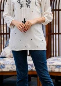 White A Line Summer Balloon Sleeves Short Kurti