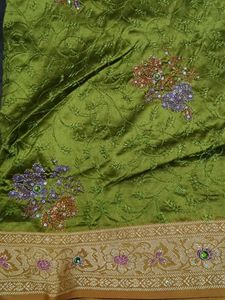 Green Embellished Sari Fabric