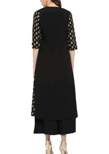 Black &amp; Gold Printed Crop Top Set with Duster
