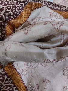 Cream Tussar Silk Saree With Blockprint &amp; Sequins