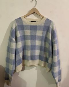 Pastel Blue & Cream Checkered Knit Sweater