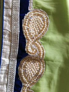 Pista And Blue Color Velvet Touch Saree