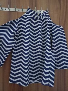 Blue &amp; White Zigzag Cold Shoulder Halter Neck Top