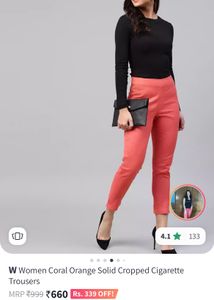 Coral Orange Solid Cropped Cigarette Trouser Pant