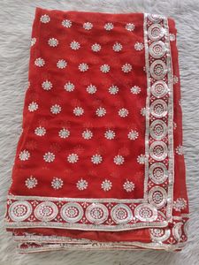 Women Red Sequence Saree With Blouse