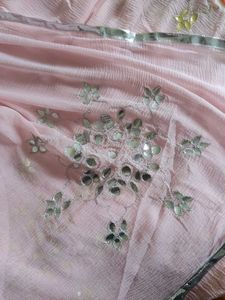 Baby Pink Chiffon Duppata Hand Work All Over