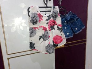 White Floral Top With Denim Skirt