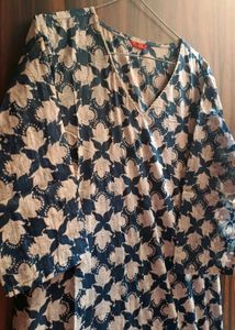 Indigo Blue Kurti with Cream Floral Block Print