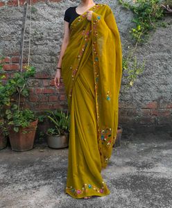 Mustard Yellow Georgette Saree hend work
