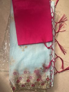 New With Blouse Elegant Blue & Pink Saree