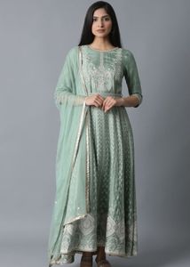 Wishful By W Light Green Flared Dress-Drape Set