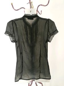 Black Semi Sheer Button Up Ruffle Top