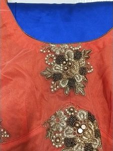 Gorgeous Orange &amp; Blue Embroidered Saree