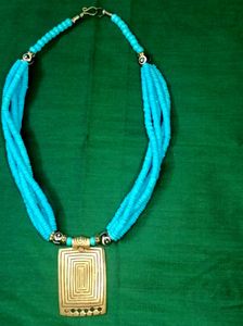 Blue Necklace With Gold Brass Pendant