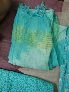 Three Piece Blue Printed Kurta Set Wth Chunni