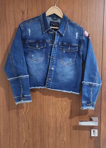 Dark Blue Denim Jacket With Floral Back