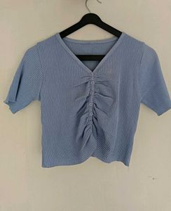 Blue Ribbed Ruched Button-Up Top