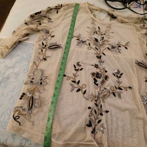 Grey Floral Embroidered net party Top