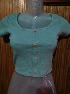 Teal Button-Up Crop Top