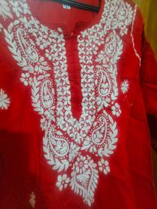 Red Cotton Chikan Kurti