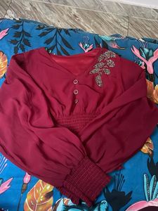 Burgundy Blouse with Beaded Detail