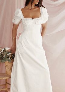 White Square Neck Puff Sleeve Tie Up Maxi Dres