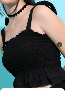Black smocked fitted crop top