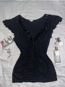 Black Sequin V-Neck Top