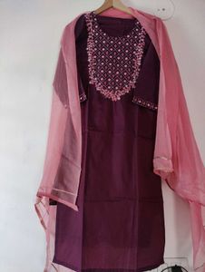 Purple Embroidered Kurta Trouser with Dupatta Set