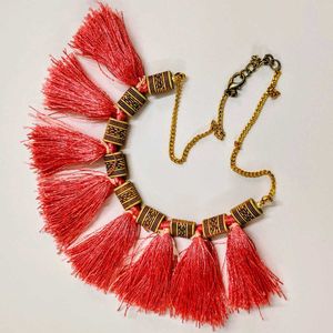 Pink Handmade Tassel Statement Necklace 6in