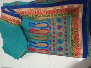 Crepe Cyan Colour Saree