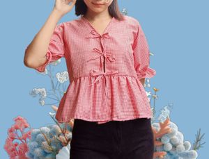 Gingham Front Tie up Red Top
