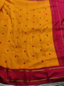 Yellow &amp; maroon red pure Silk Saree