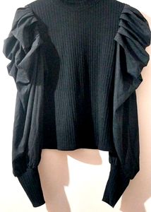 Black Puff Shoulder Semi Woolen Top