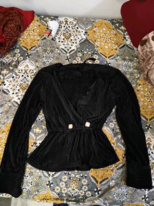Black Plisse Peplum Top