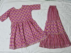 Floral Print Angrakha Style Dress with Tiered Pant