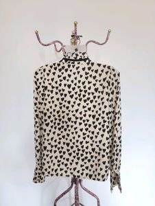 Heart Print Tie Neck Blouse
