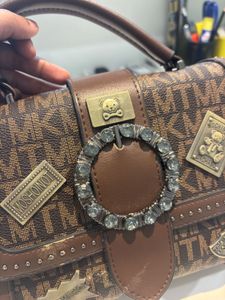 Brown Patterned Satchel with Embellishments