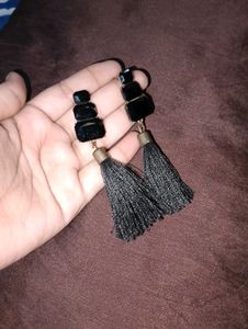 Black Stone Tassel Earrings