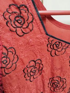 Pakistani Red Cotton Embroidered Kurta