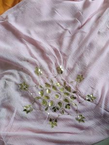 Baby Pink Chiffon Duppata Hand Work All Over
