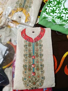 Elegant Beige Printed Kurta yellow and red