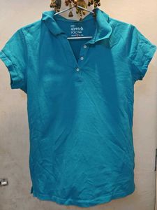 Blue Polo Neck Cotton T-Shirt | Women