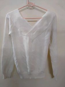 White V-Neck Knit Sweater