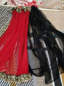 Red &amp; Black Embellished Saree