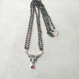 PureSilver Single Line Green&amp;Pink Stone Mangalsutr